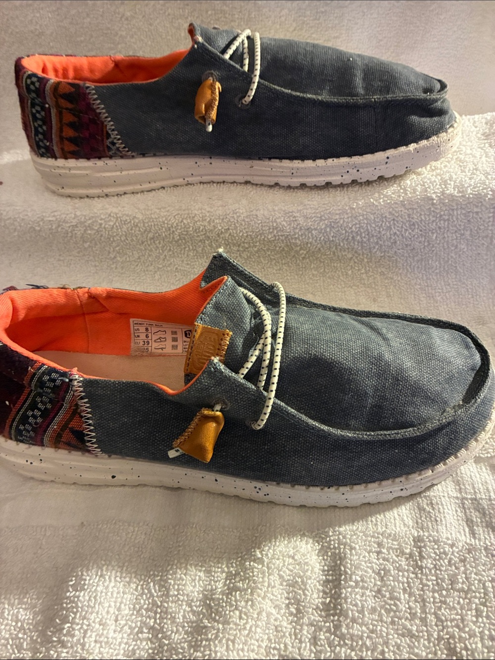 Hey Dude “Wendy Funk Baja”!Slip-On Loafers in Dark Gray with Orange Lining Aztec
